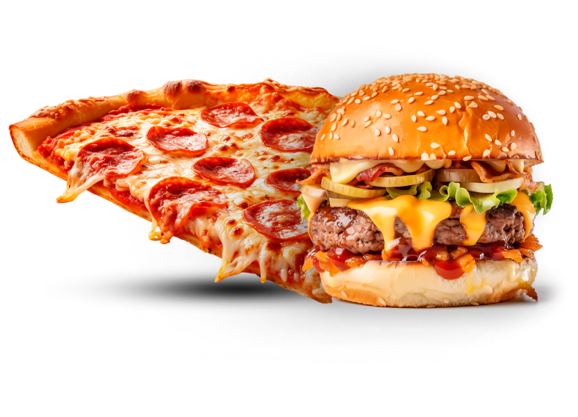 Pedaço de pizza e hambúrguer
